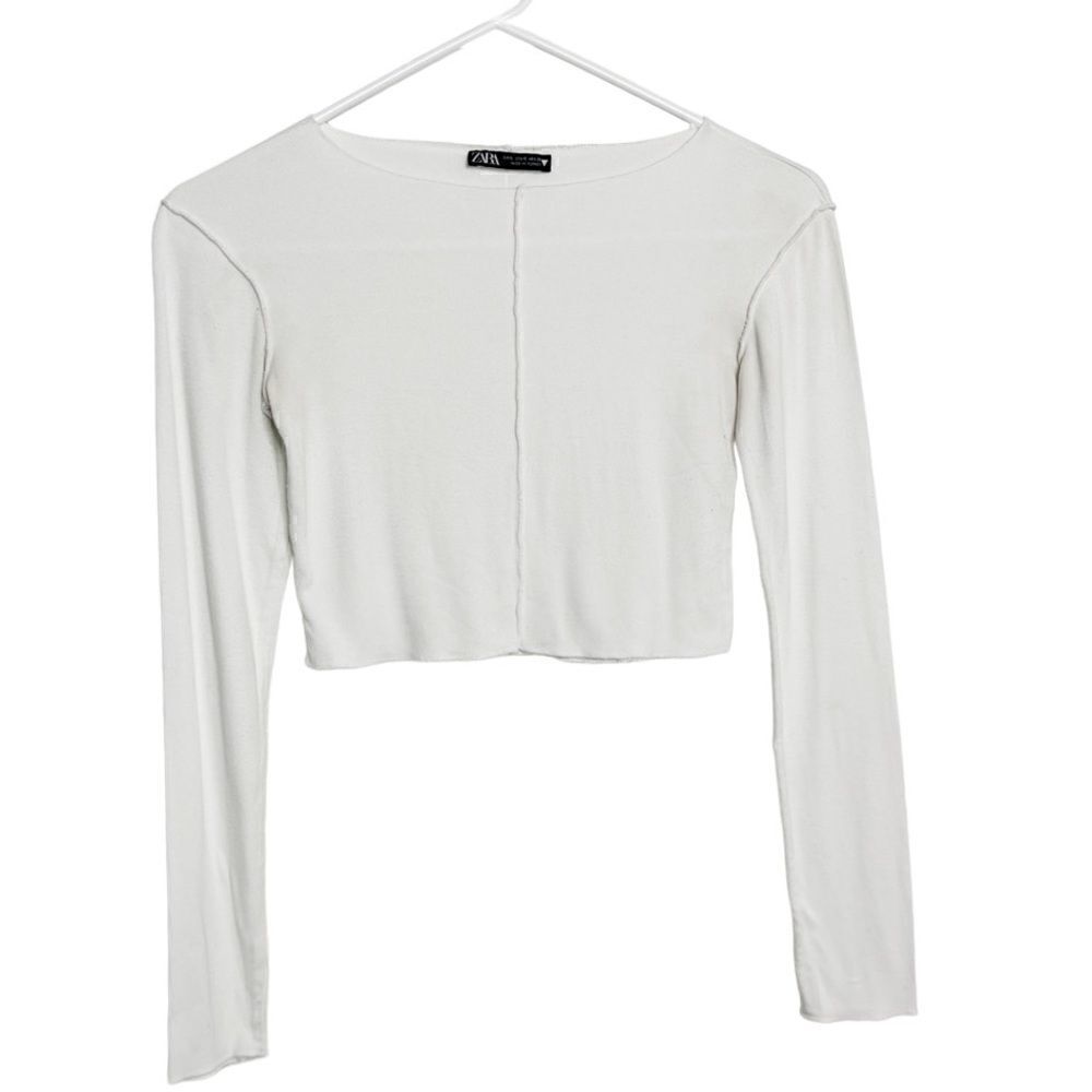 Zara Raw Edge Cropped Long Sleeve Top White Size Small